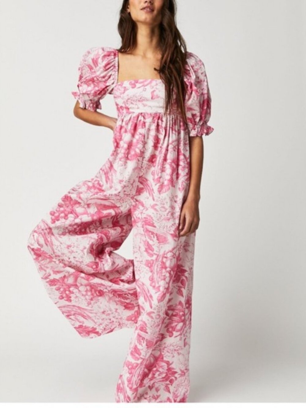 Selkie Hamptons Jumpsuit Pink Toile Wide Leg Puff Sleeves Smocking 2X